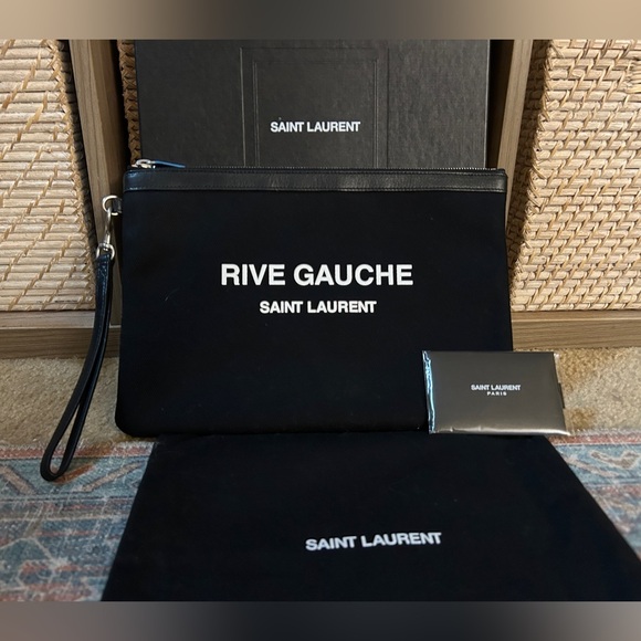 NWT SAINT LAURENT Rive Gauche Wristlet/ Clutch Bag Black w/ Box, Dust Bag, COA - Picture 2 of 16